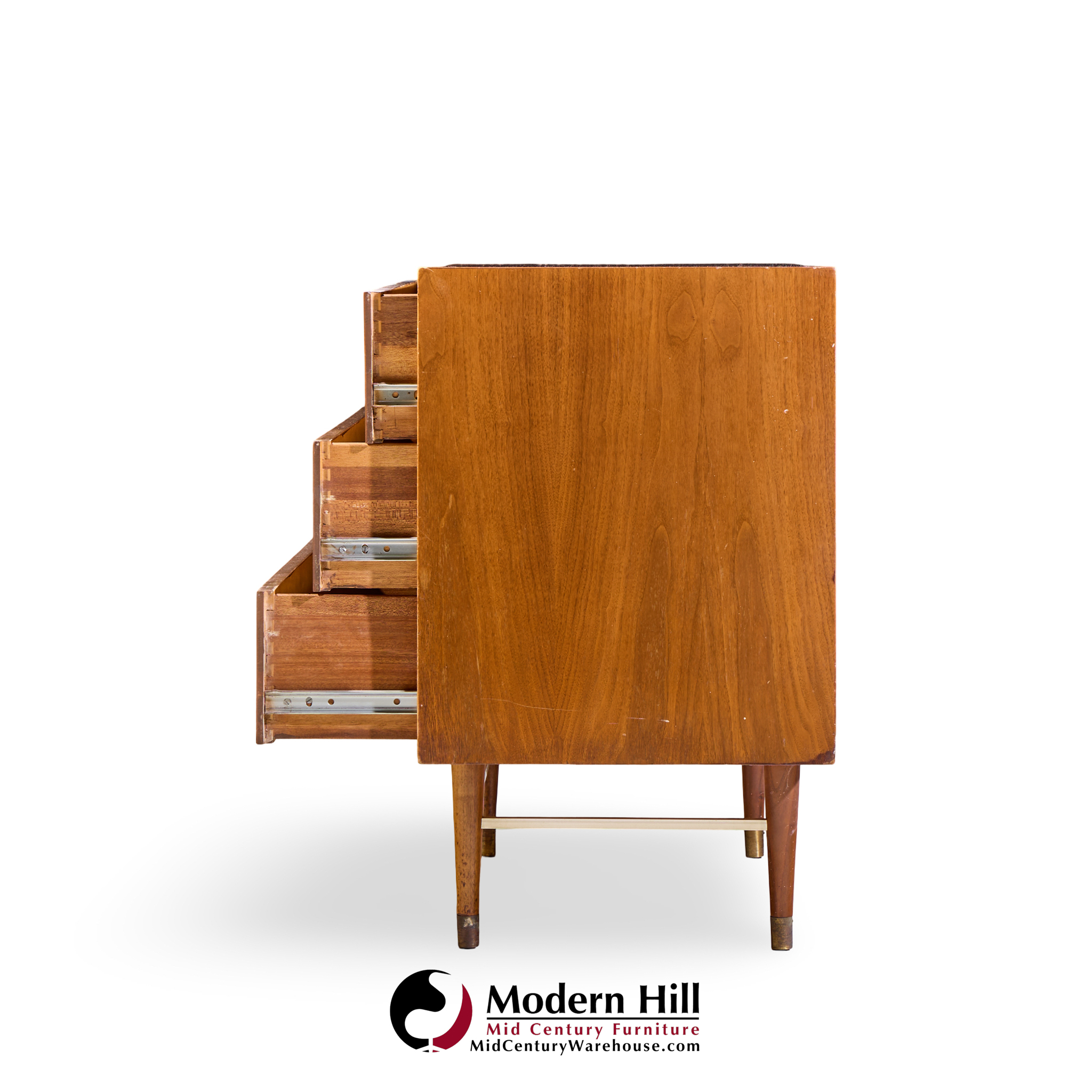 Paul Mccobb Style Furnette Mid Century Walnut and Brass Three Drawer Dresser