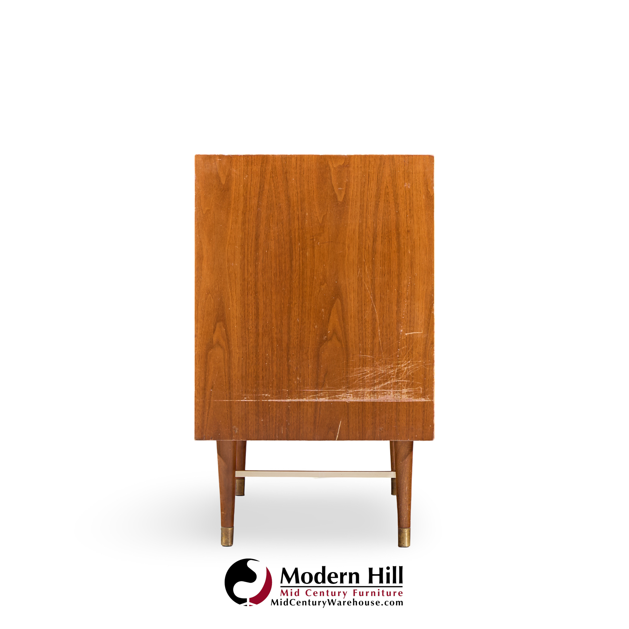 Paul Mccobb Style Furnette Mid Century Walnut and Brass Three Drawer Dresser