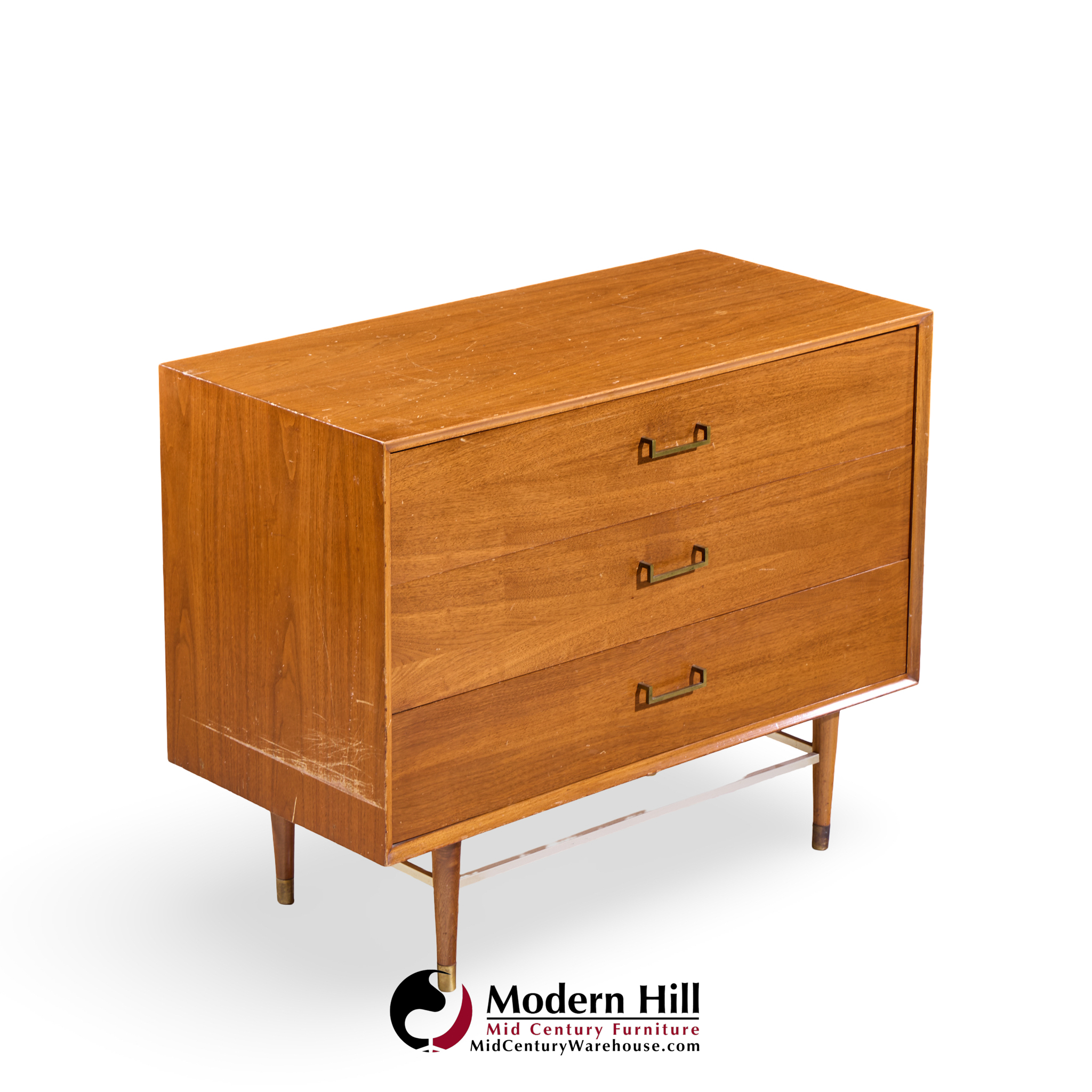 Paul Mccobb Style Furnette Mid Century Walnut and Brass Three Drawer Dresser