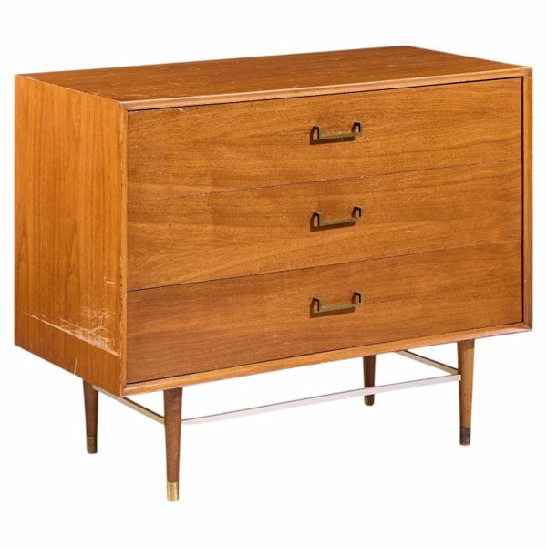Paul Mccobb Style Furnette Mid Century Walnut and Brass Three Drawer Dresser
