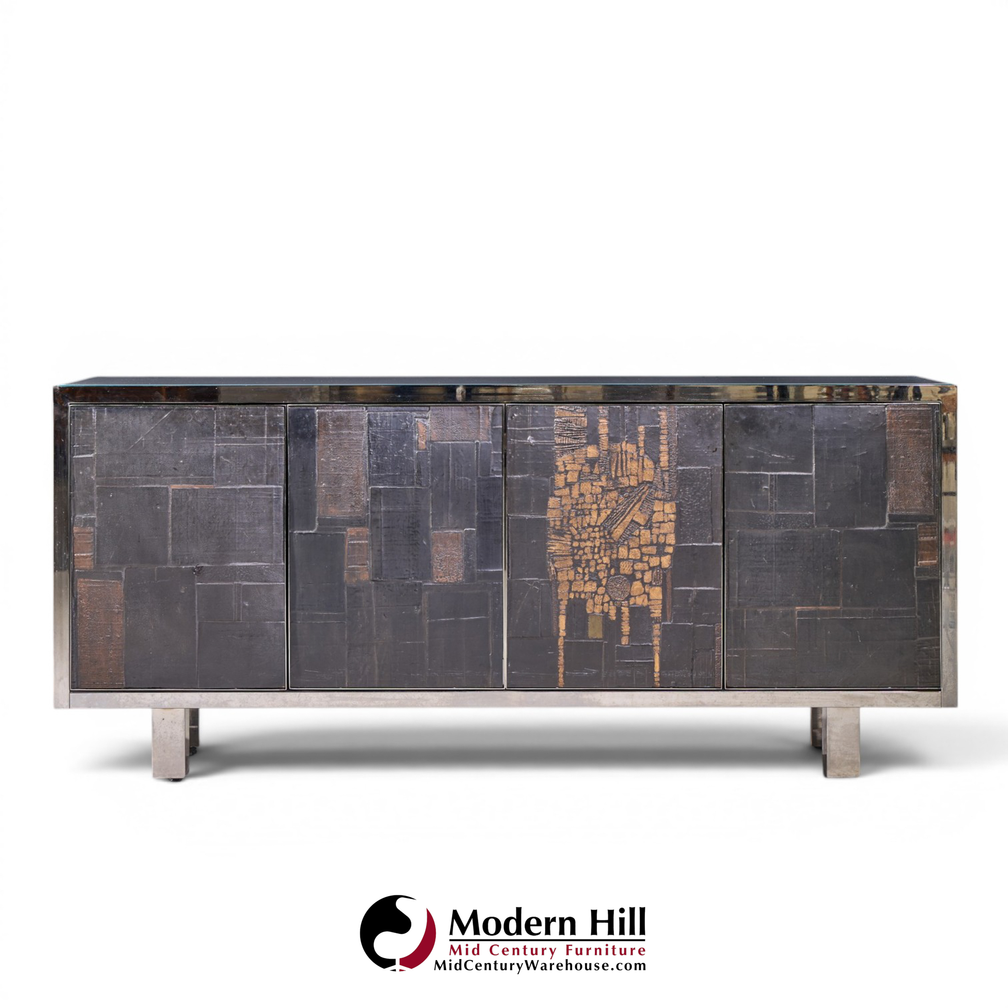 Pia Manu Brutalist Mid Century Steel, Chrome and Glass Credenza