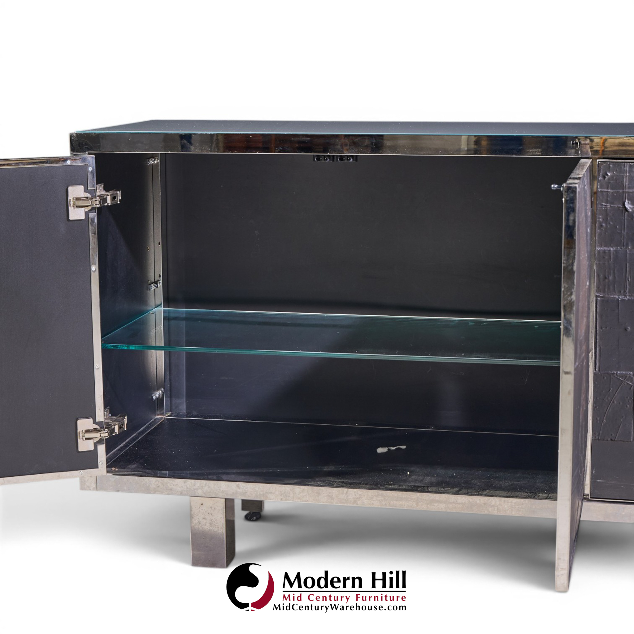 Pia Manu Brutalist Mid Century Steel, Chrome and Glass Credenza