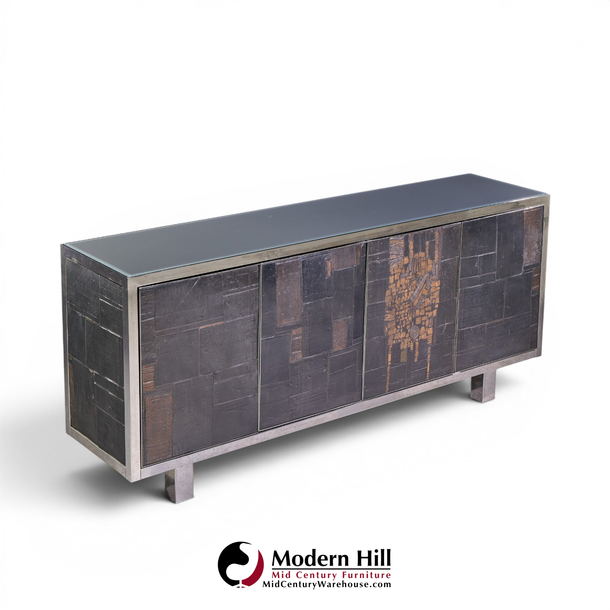 Pia Manu Brutalist Mid Century Steel, Chrome and Glass Credenza
