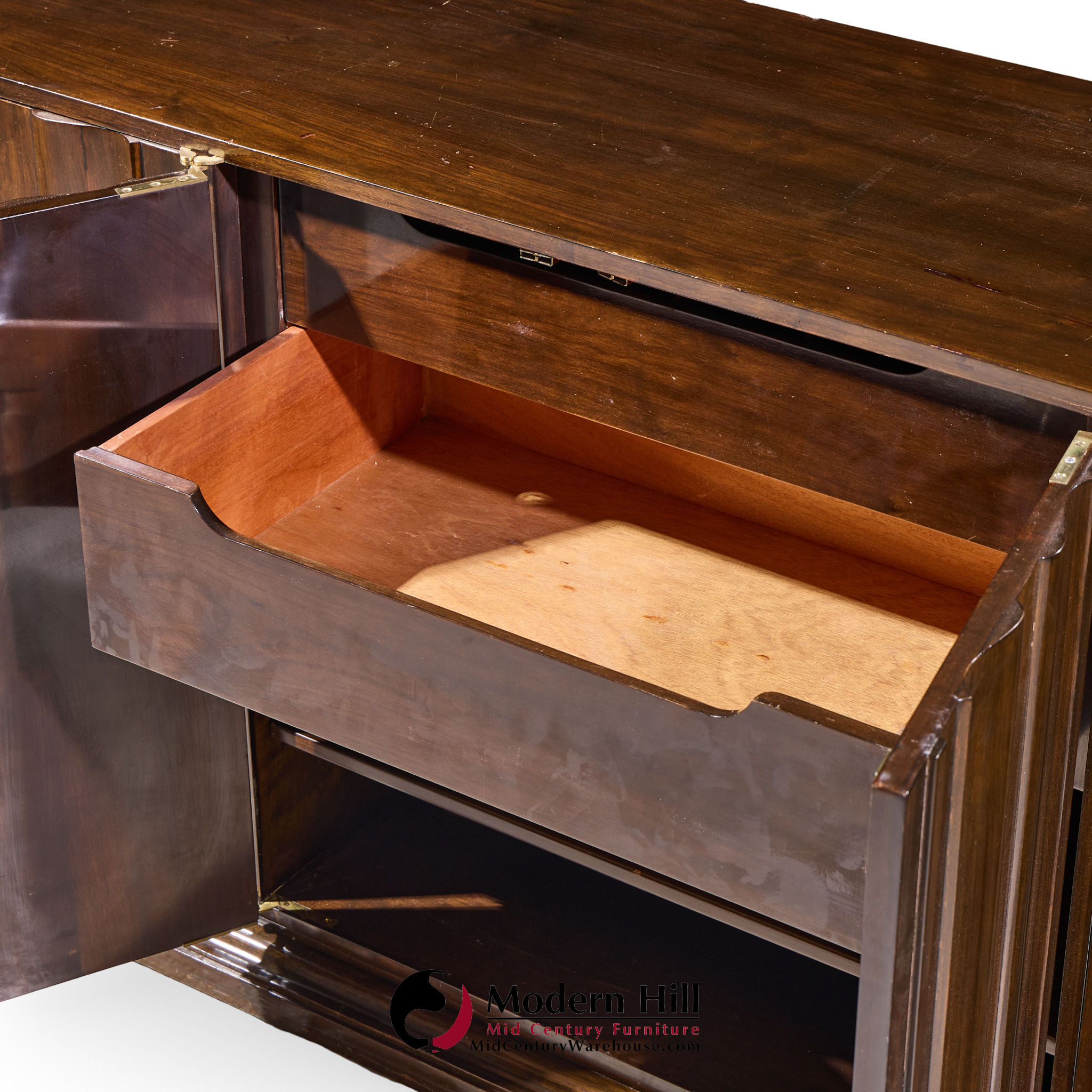 tommi parzinger for parzinger originals mid century walnut and brass credenza