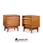 young manufacturing mid century walnut curved front nightstands - pair