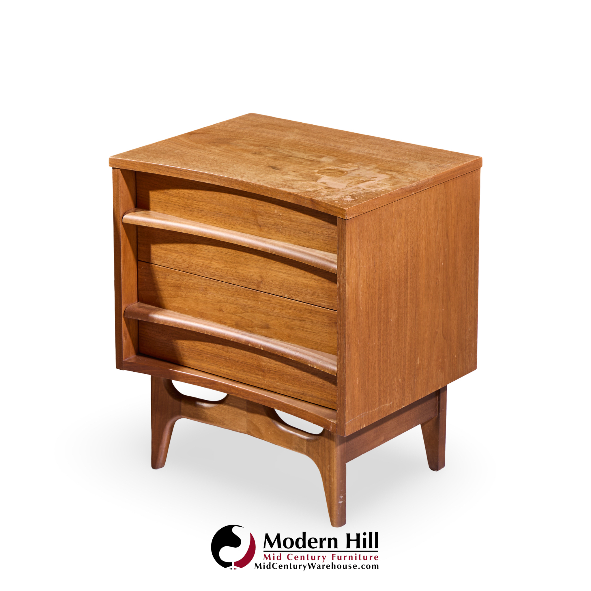 young manufacturing mid century walnut curved front nightstands - pair