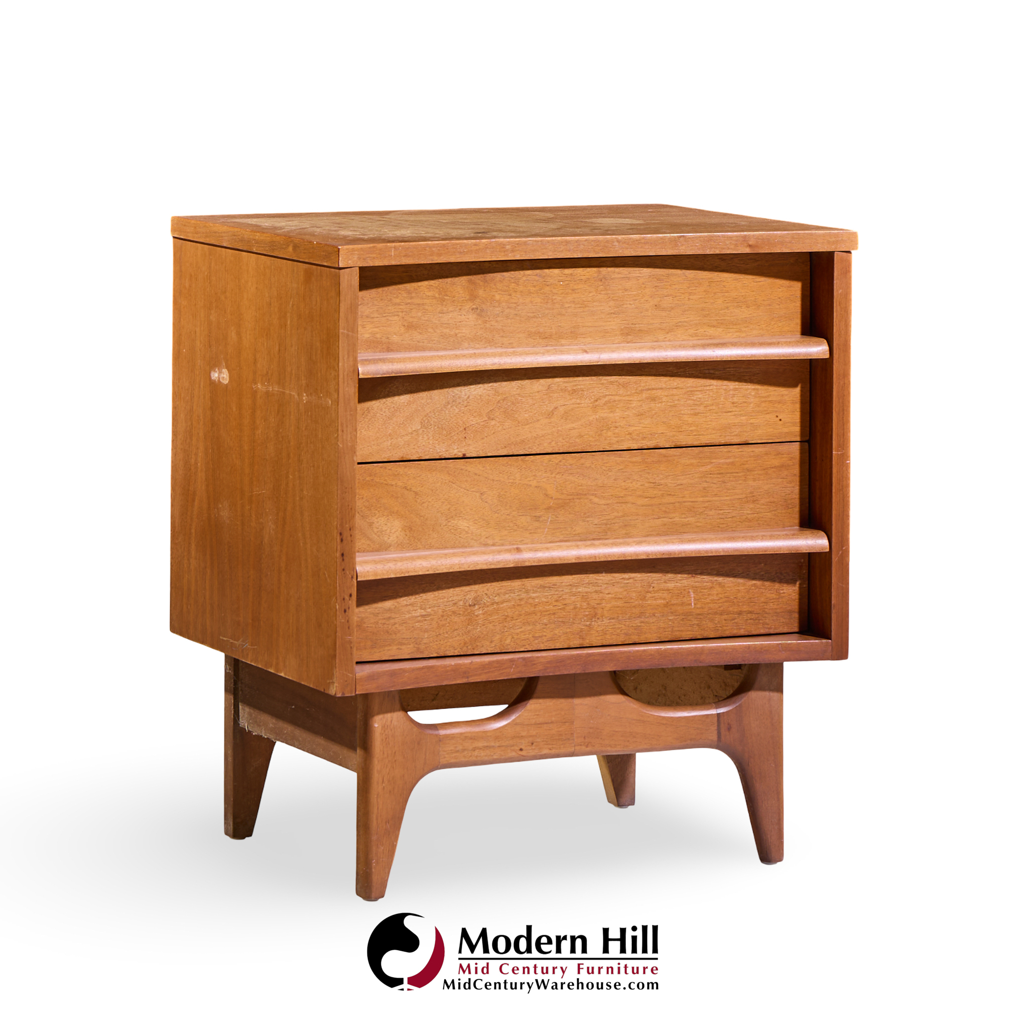 young manufacturing mid century walnut curved front nightstands - pair