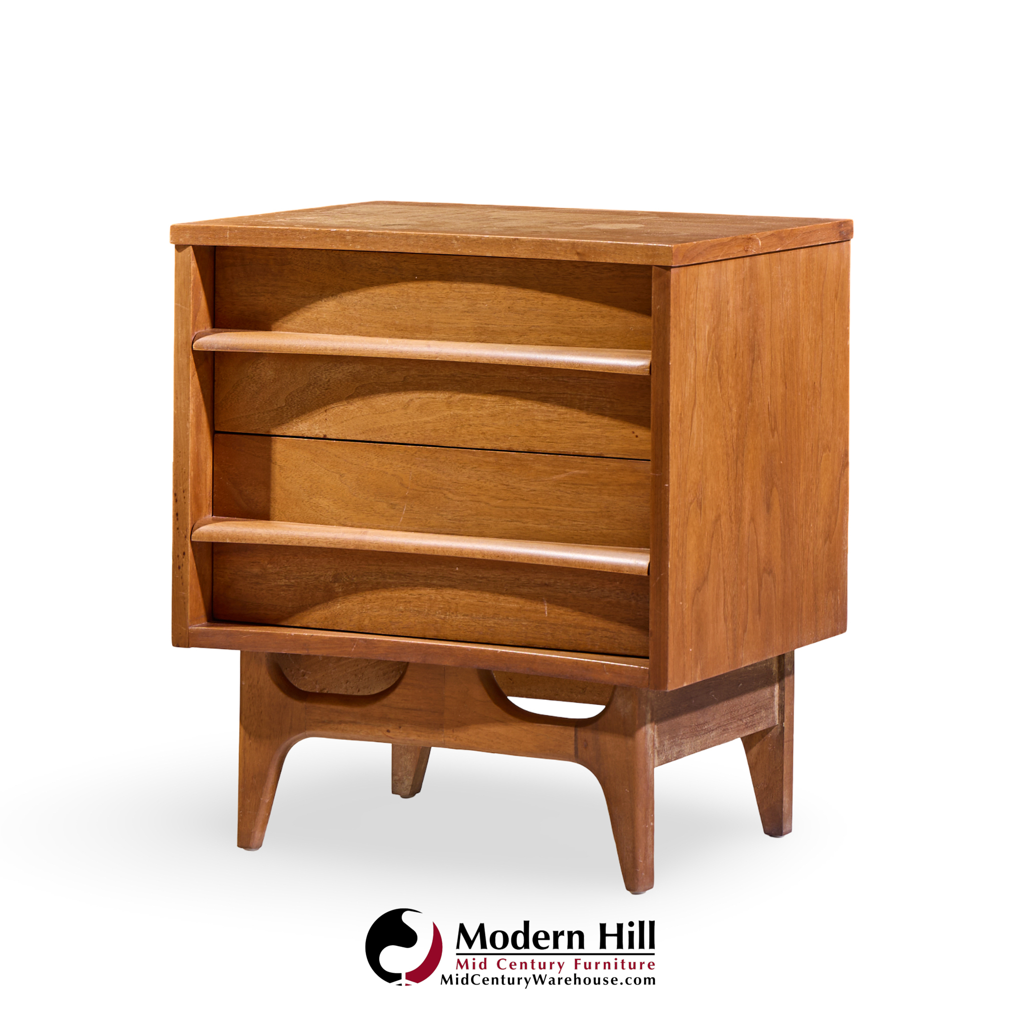 young manufacturing mid century walnut curved front nightstands - pair