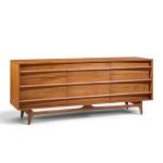 young manufacturing mid century walnut curved lowboy dresser