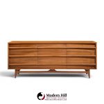 young manufacturing mid century walnut curved lowboy dresser