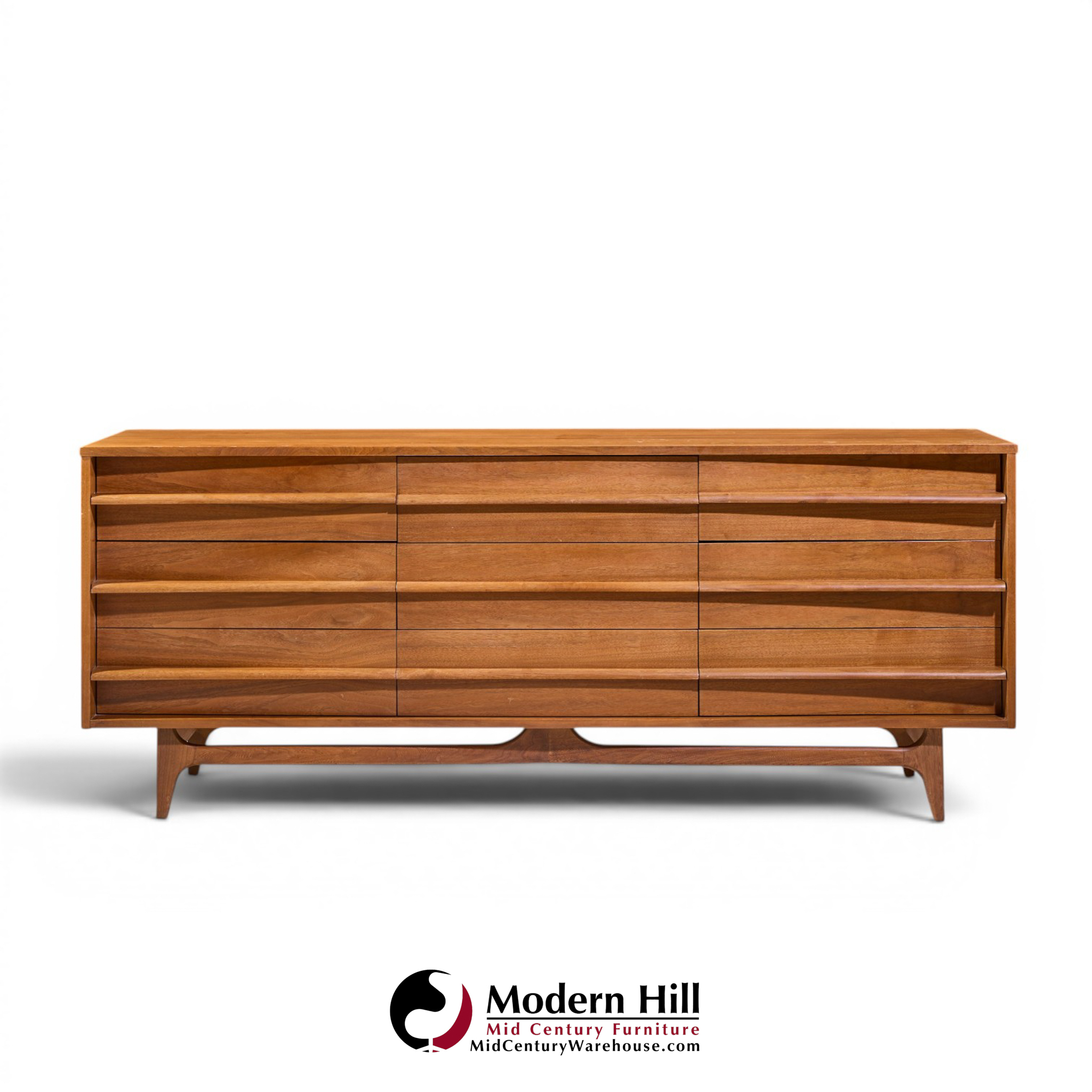 young manufacturing mid century walnut curved lowboy dresser