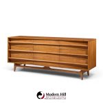young manufacturing mid century walnut curved lowboy dresser