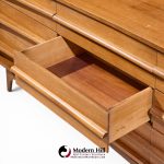 young manufacturing mid century walnut curved lowboy dresser