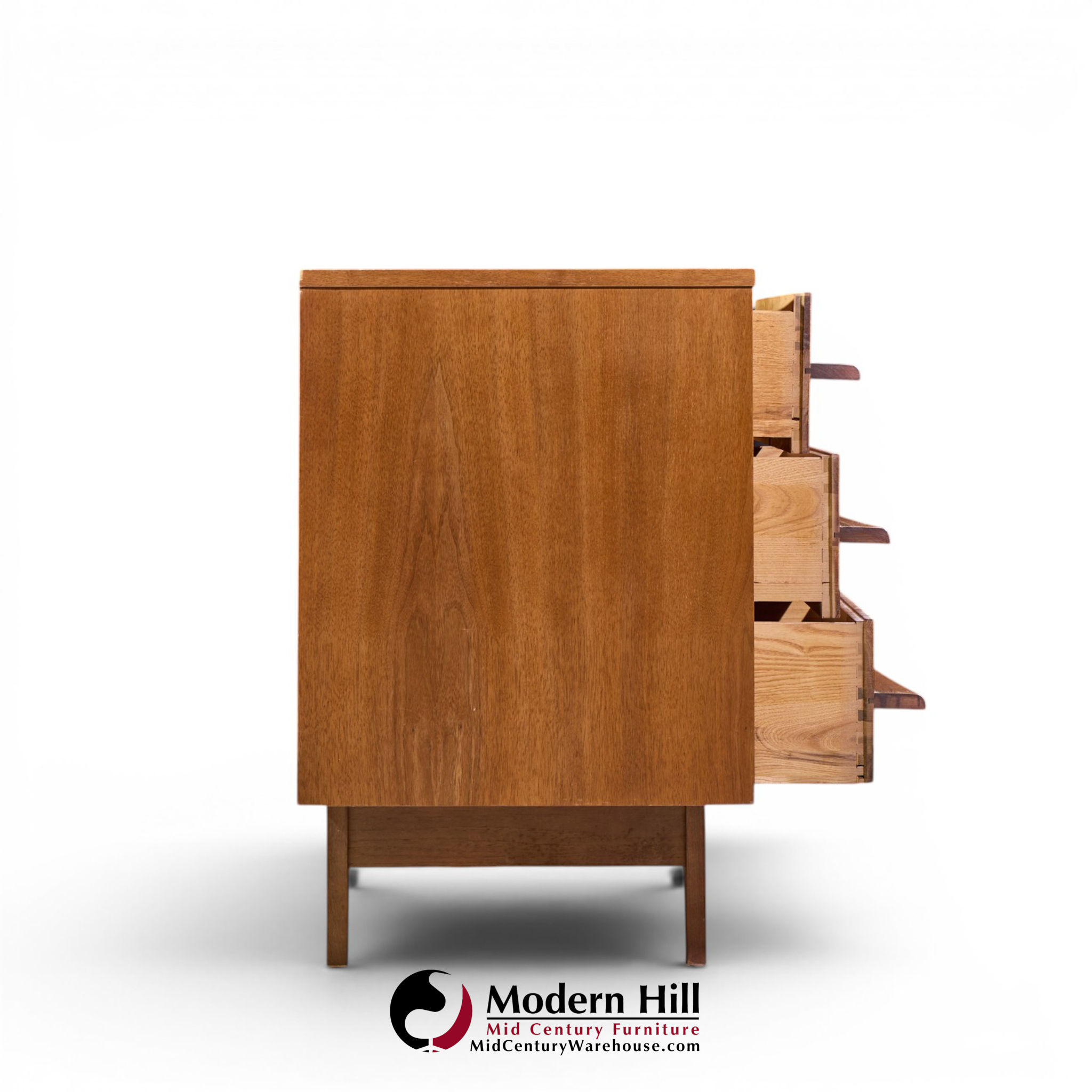 young manufacturing mid century walnut curved lowboy dresser