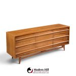 young manufacturing mid century walnut curved lowboy dresser