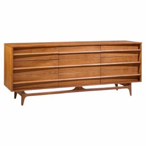 young manufacturing mid century walnut curved lowboy dresser