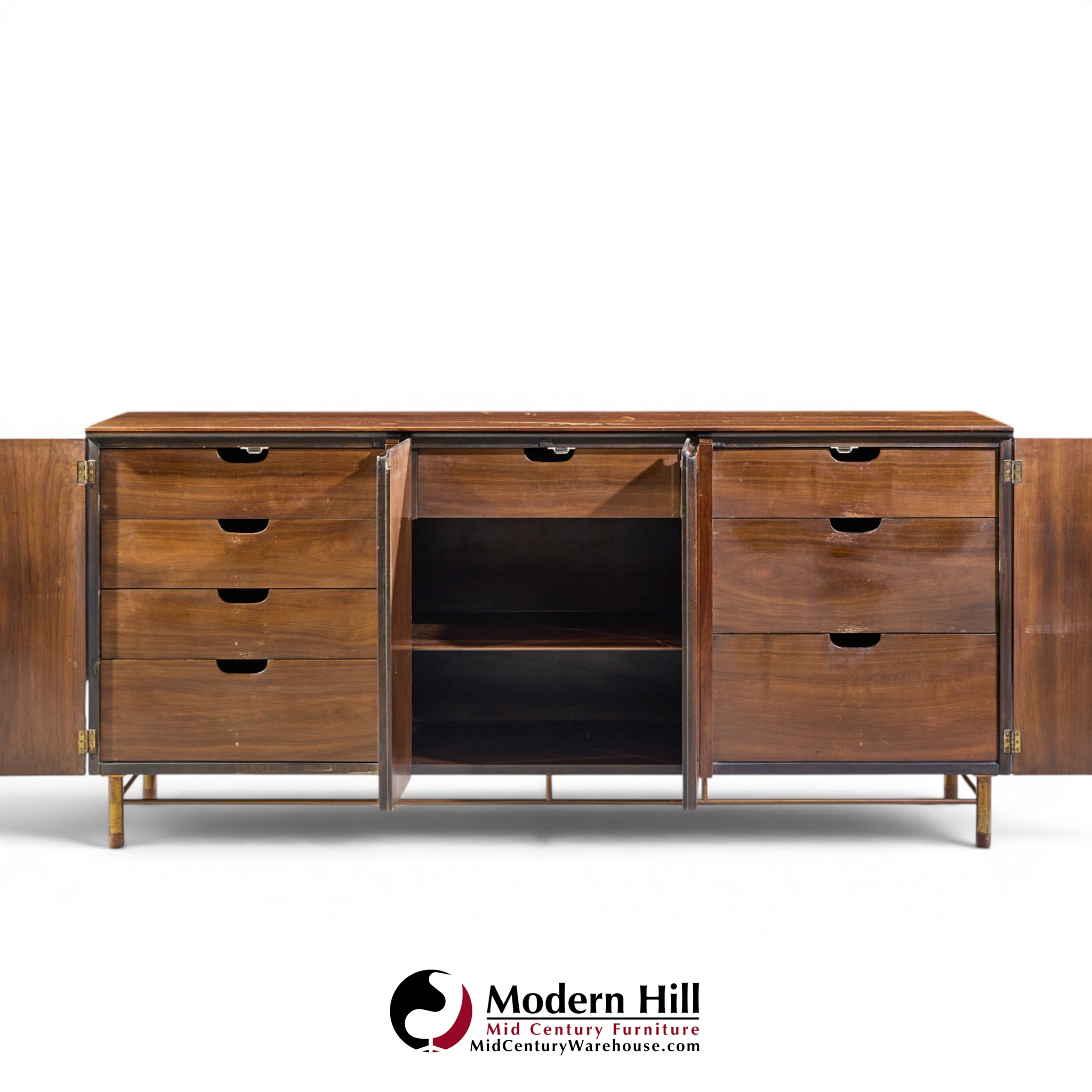 bert england mid century walnut and brass credenza