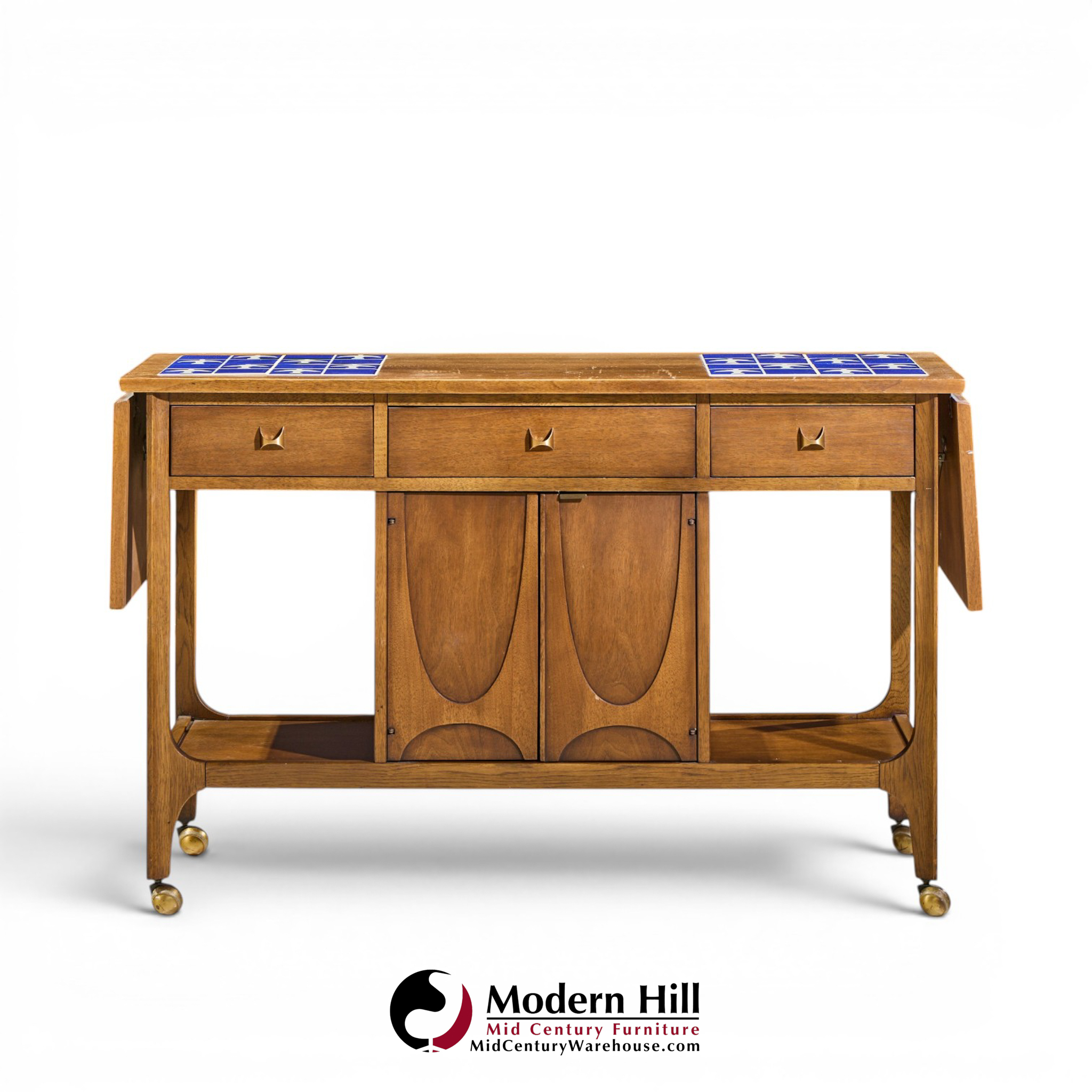 broyhill brasilia mid century walnut bird tiles bar cart