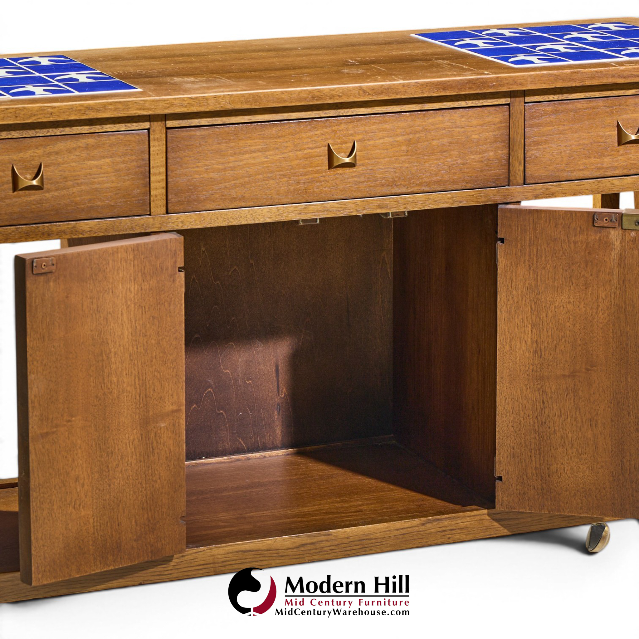 broyhill brasilia mid century walnut bird tiles bar cart