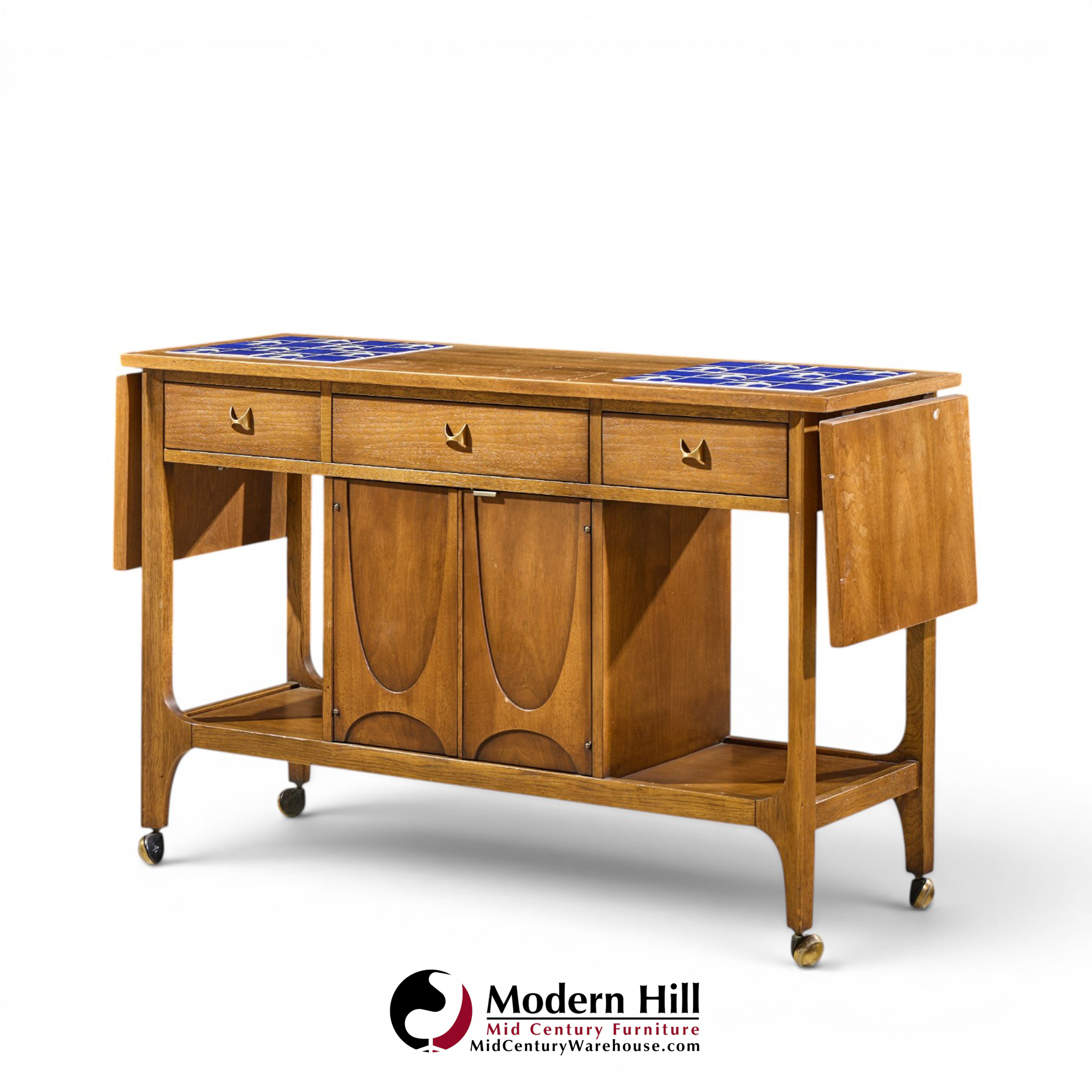 broyhill brasilia mid century walnut bird tiles bar cart