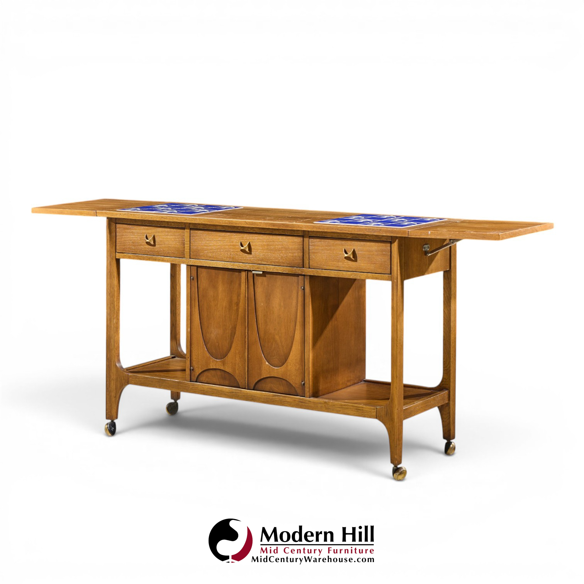 broyhill brasilia mid century walnut bird tiles bar cart