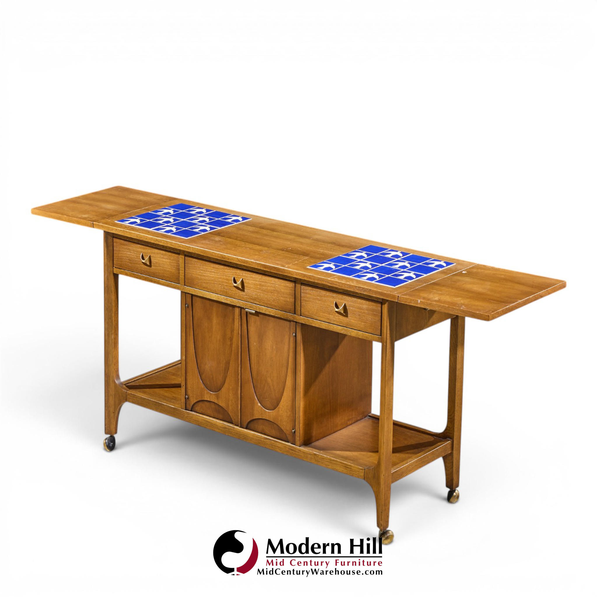 broyhill brasilia mid century walnut bird tiles bar cart