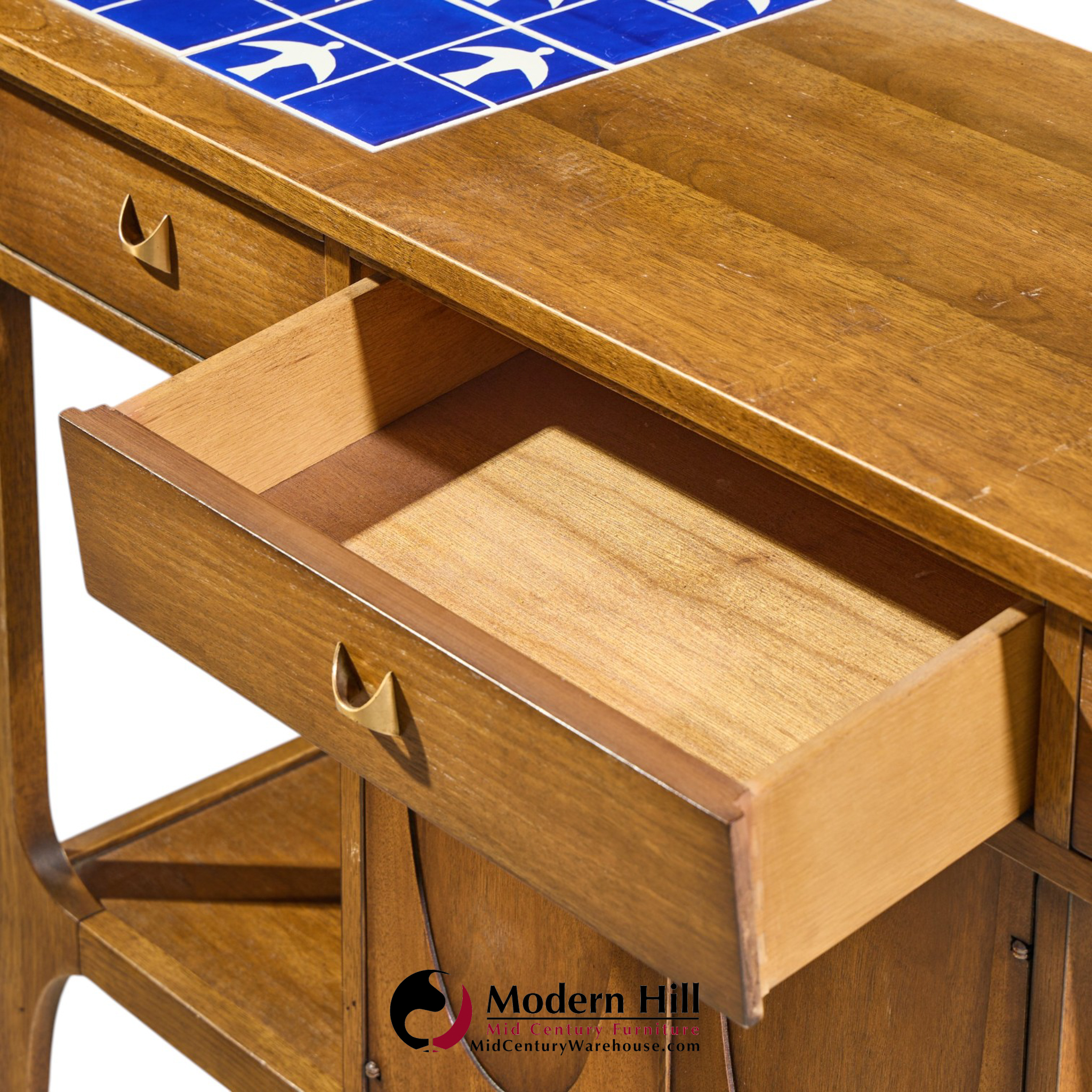 broyhill brasilia mid century walnut bird tiles bar cart