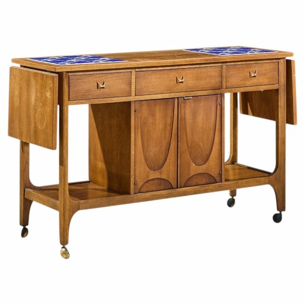 broyhill brasilia mid century walnut bird tiles bar cart