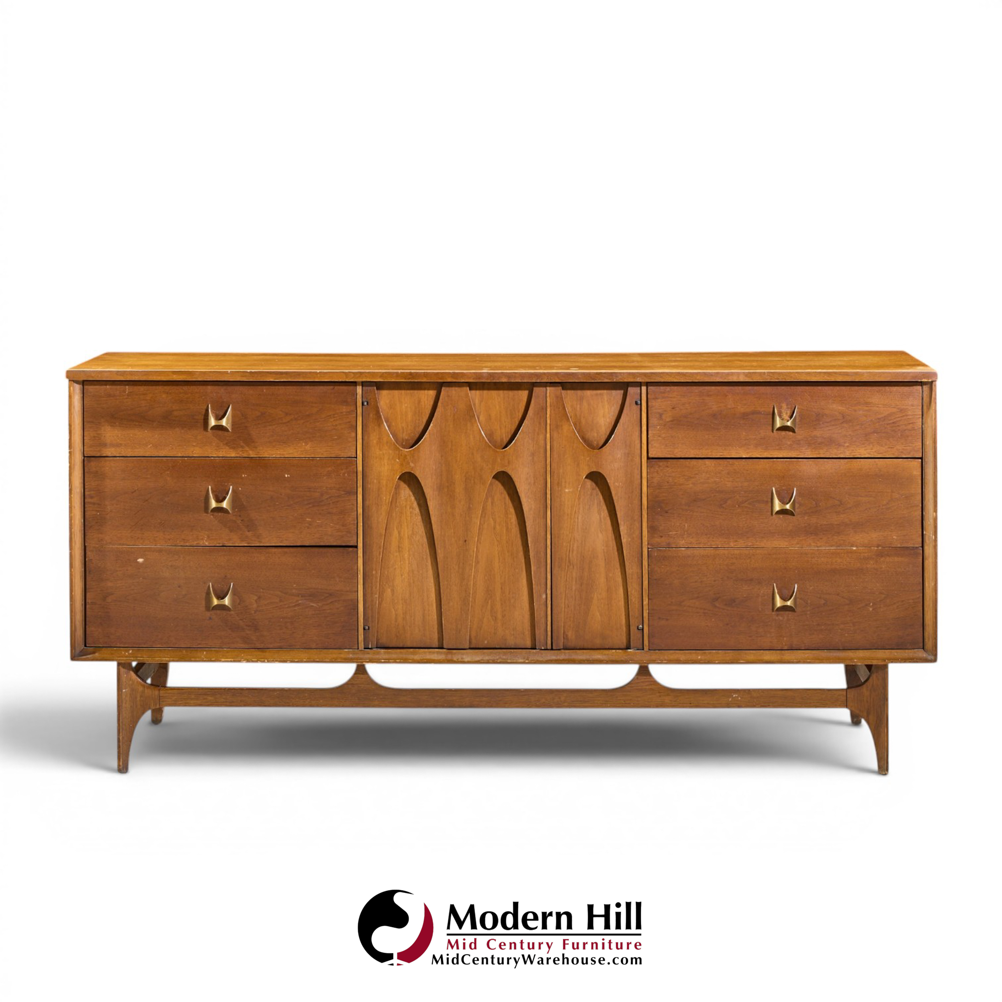 broyhill brasilia mid century walnut and brass 9 drawer lowboy dresser