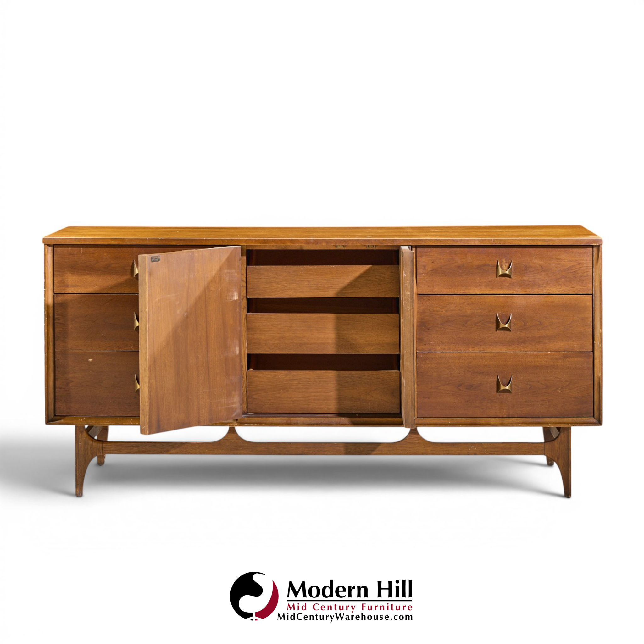 broyhill brasilia mid century walnut and brass 9 drawer lowboy dresser