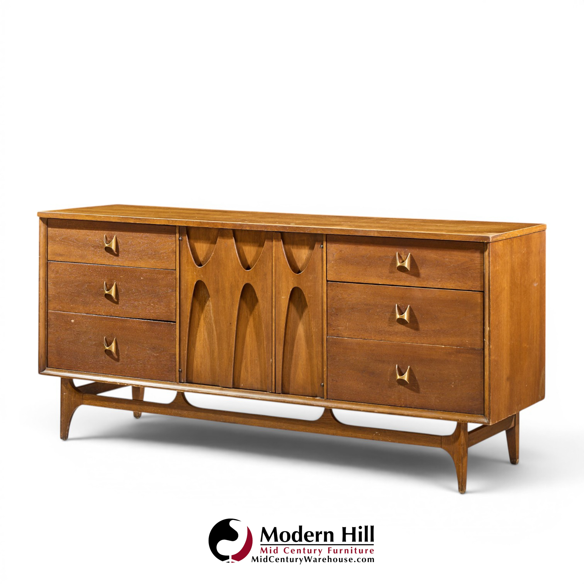 broyhill brasilia mid century walnut and brass 9 drawer lowboy dresser