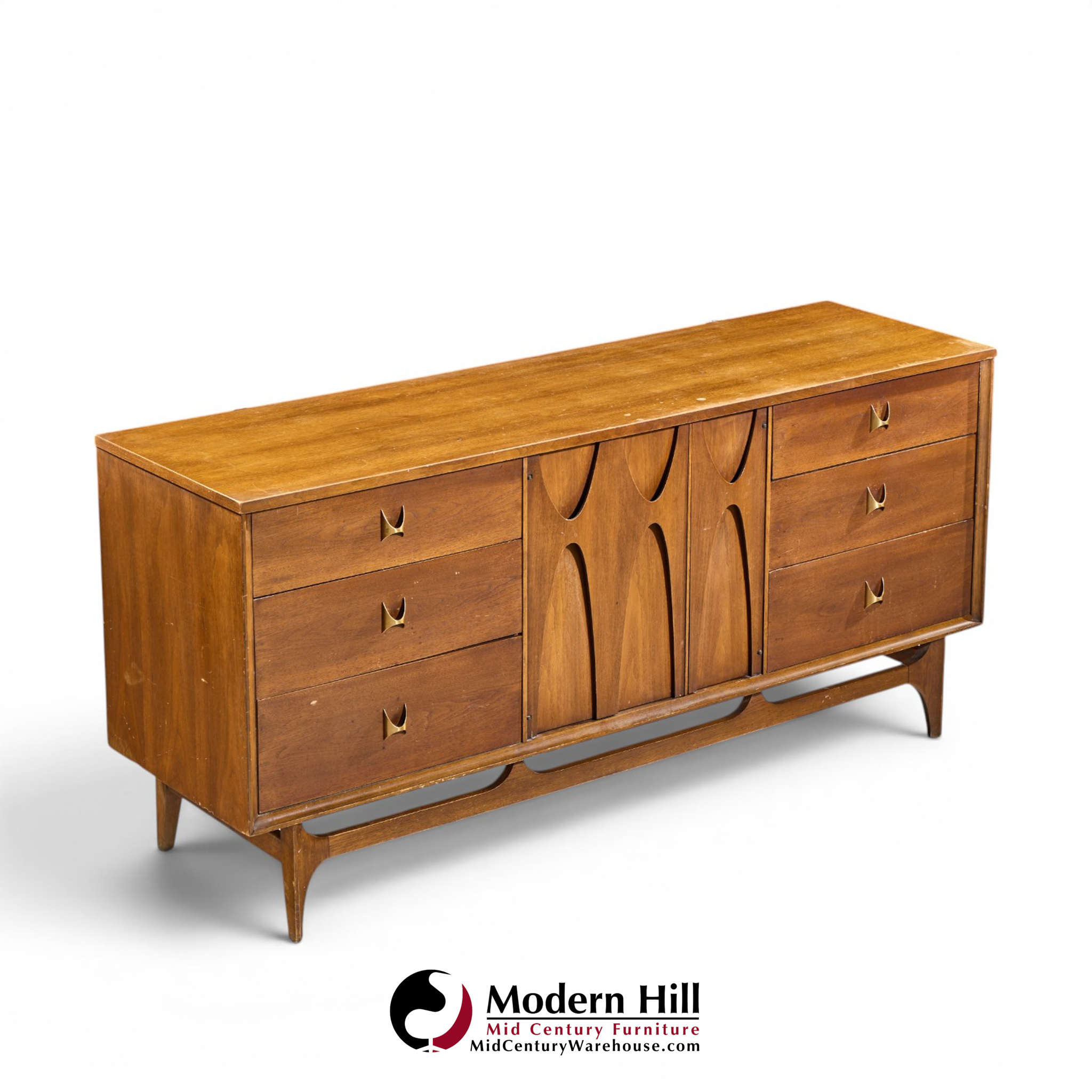 broyhill brasilia mid century walnut and brass 9 drawer lowboy dresser