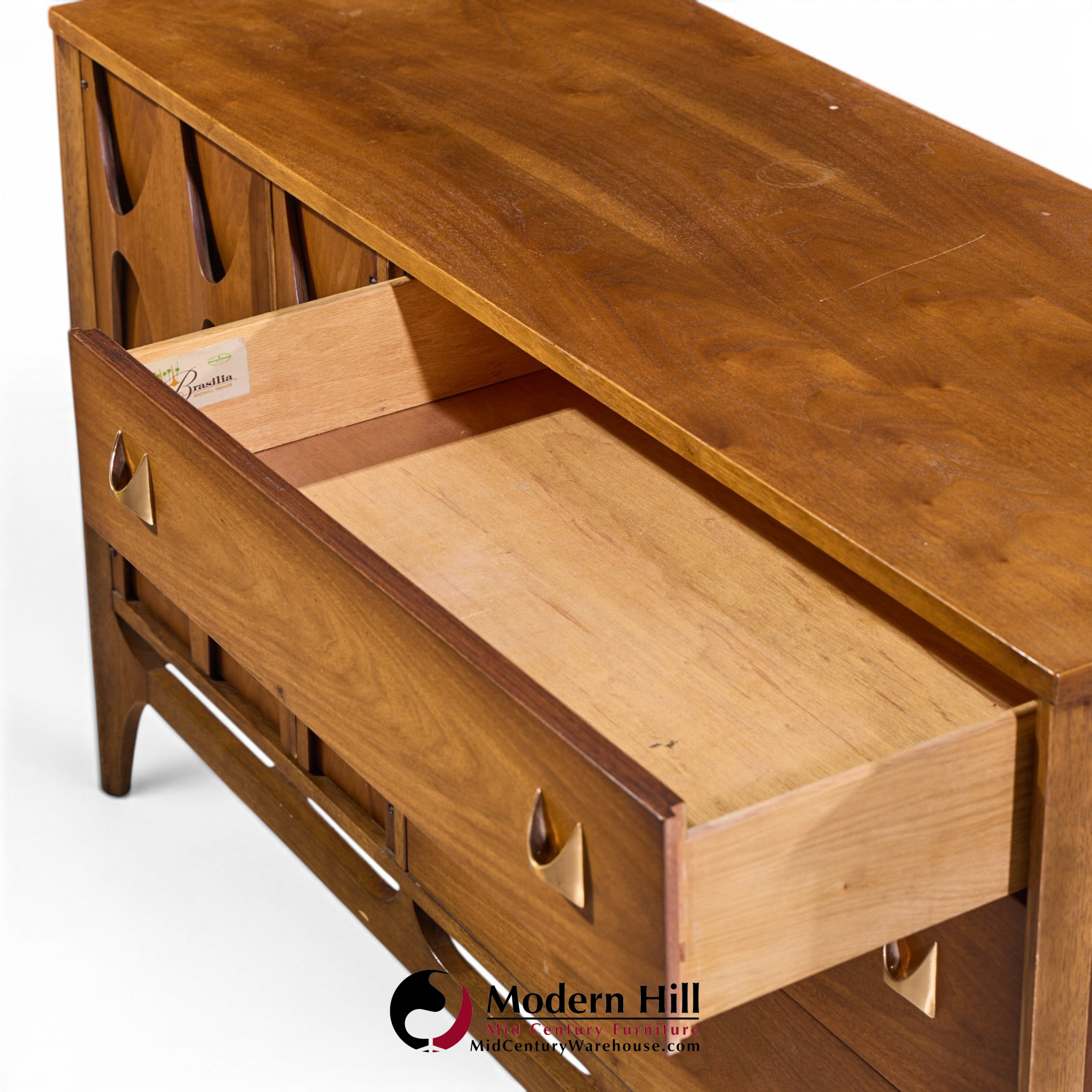 broyhill brasilia mid century walnut and brass offset credenza and hutch