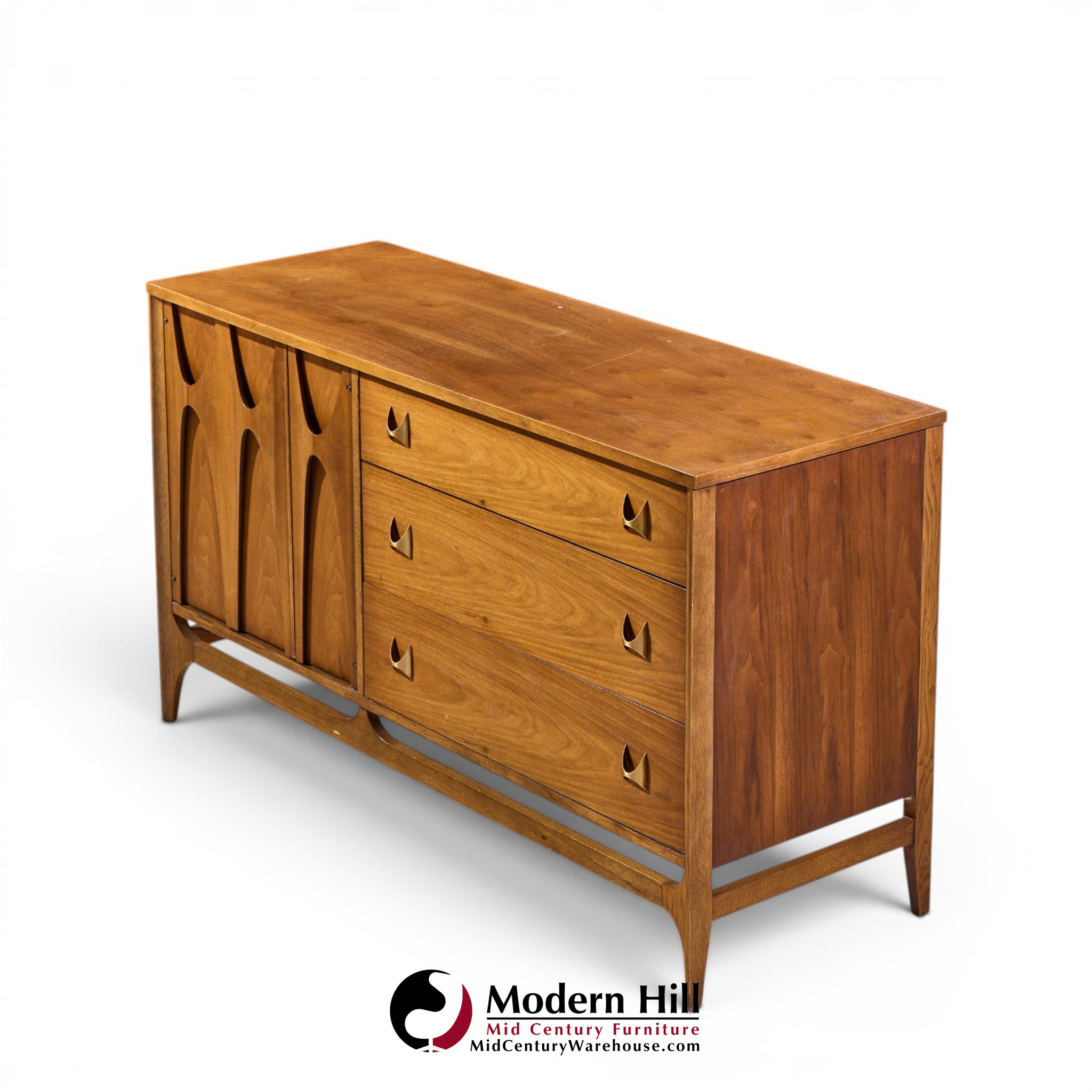 broyhill brasilia mid century walnut and brass offset credenza and hutch