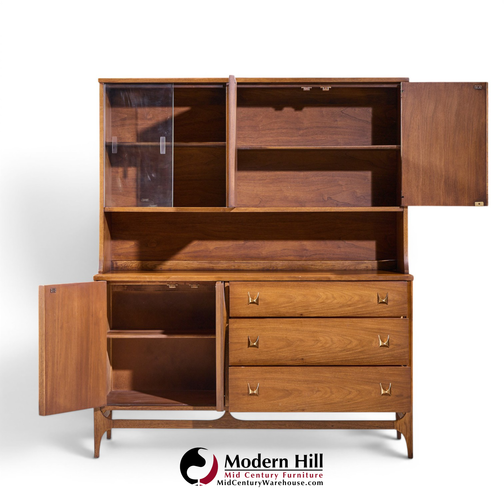 broyhill brasilia mid century walnut and brass offset credenza and hutch