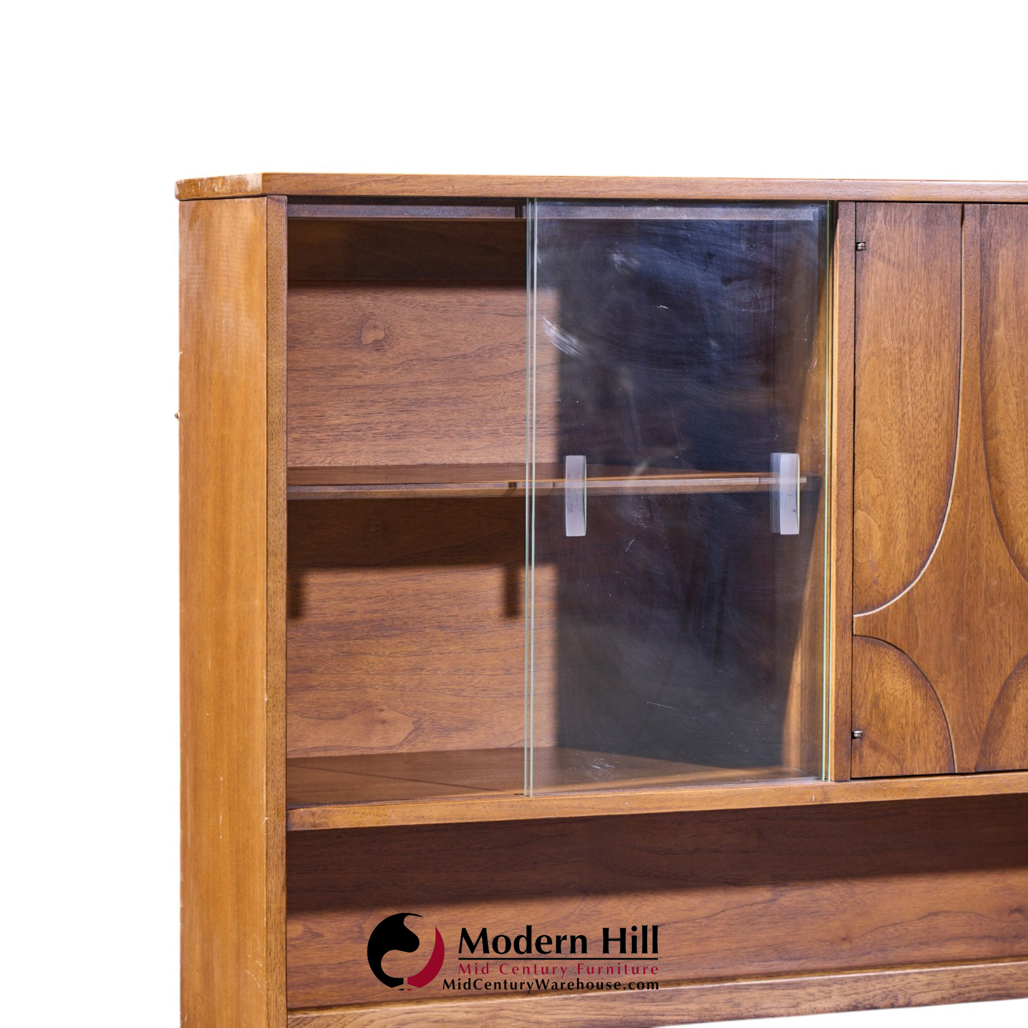broyhill brasilia mid century walnut and brass offset credenza and hutch