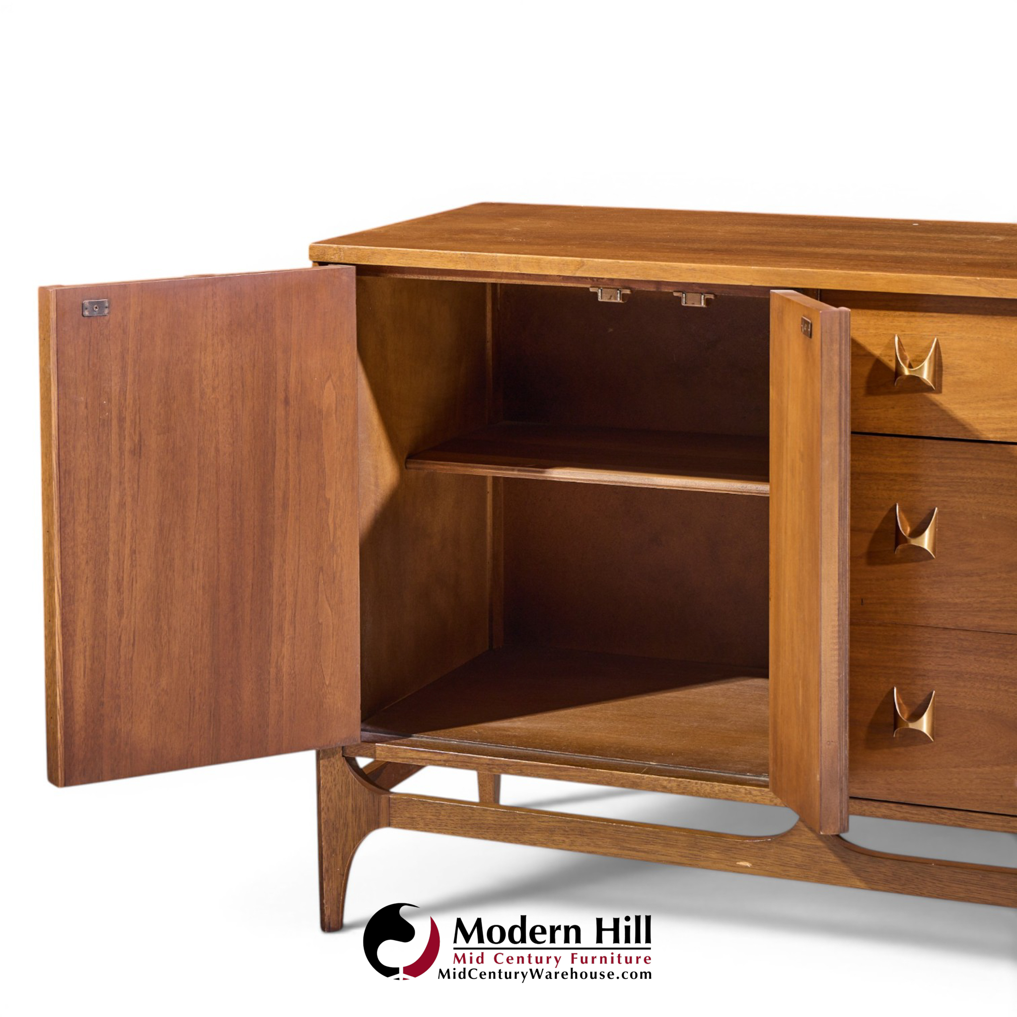 broyhill brasilia mid century walnut and brass offset credenza and hutch