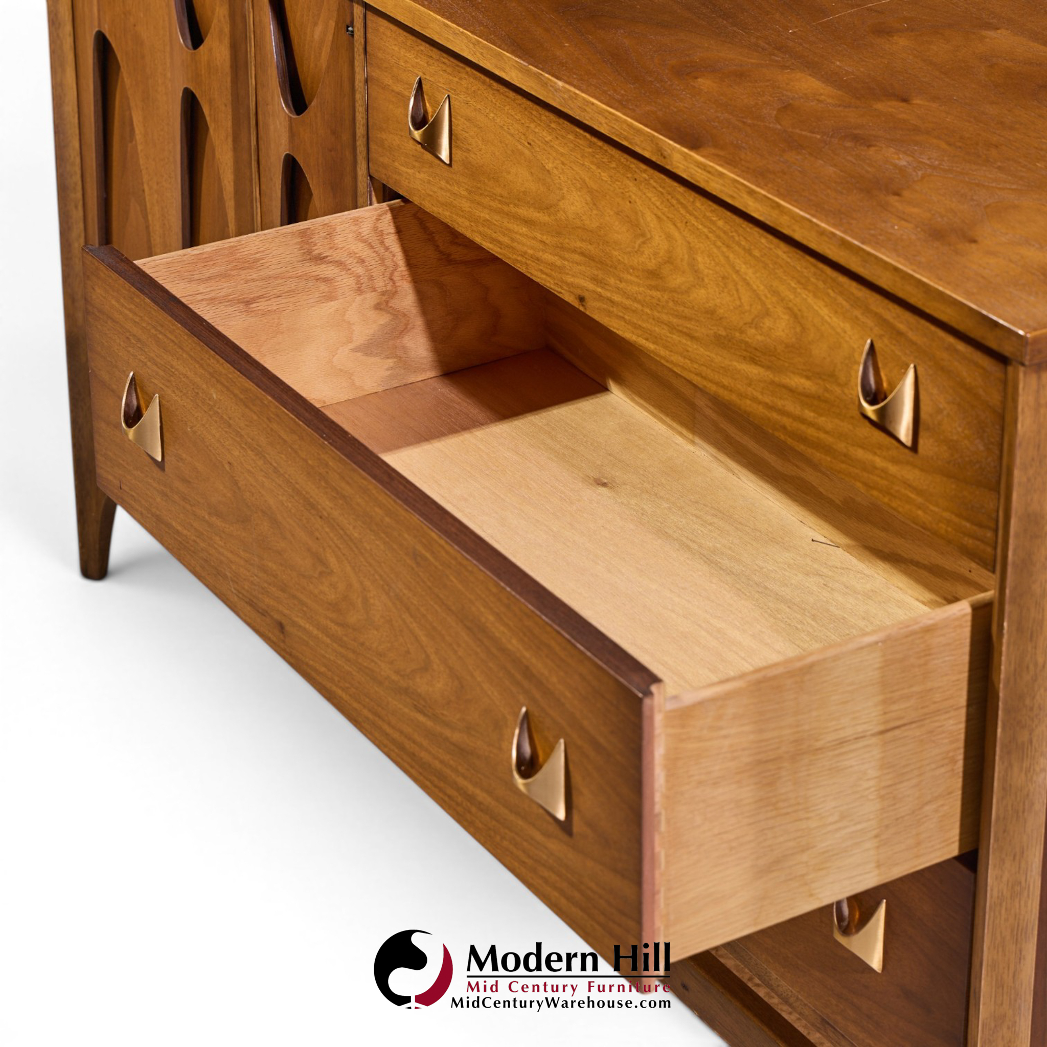 broyhill brasilia mid century walnut and brass offset credenza and hutch
