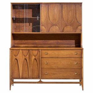 broyhill brasilia mid century walnut and brass offset credenza and hutch