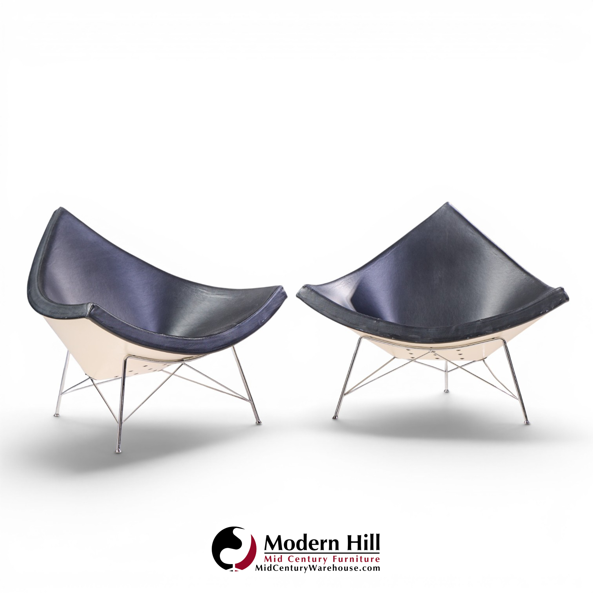 george nelson for vitra mid century black leather coconut chairs - pair