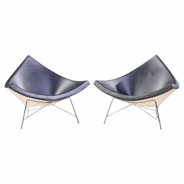 george nelson for vitra mid century black leather coconut chairs - pair