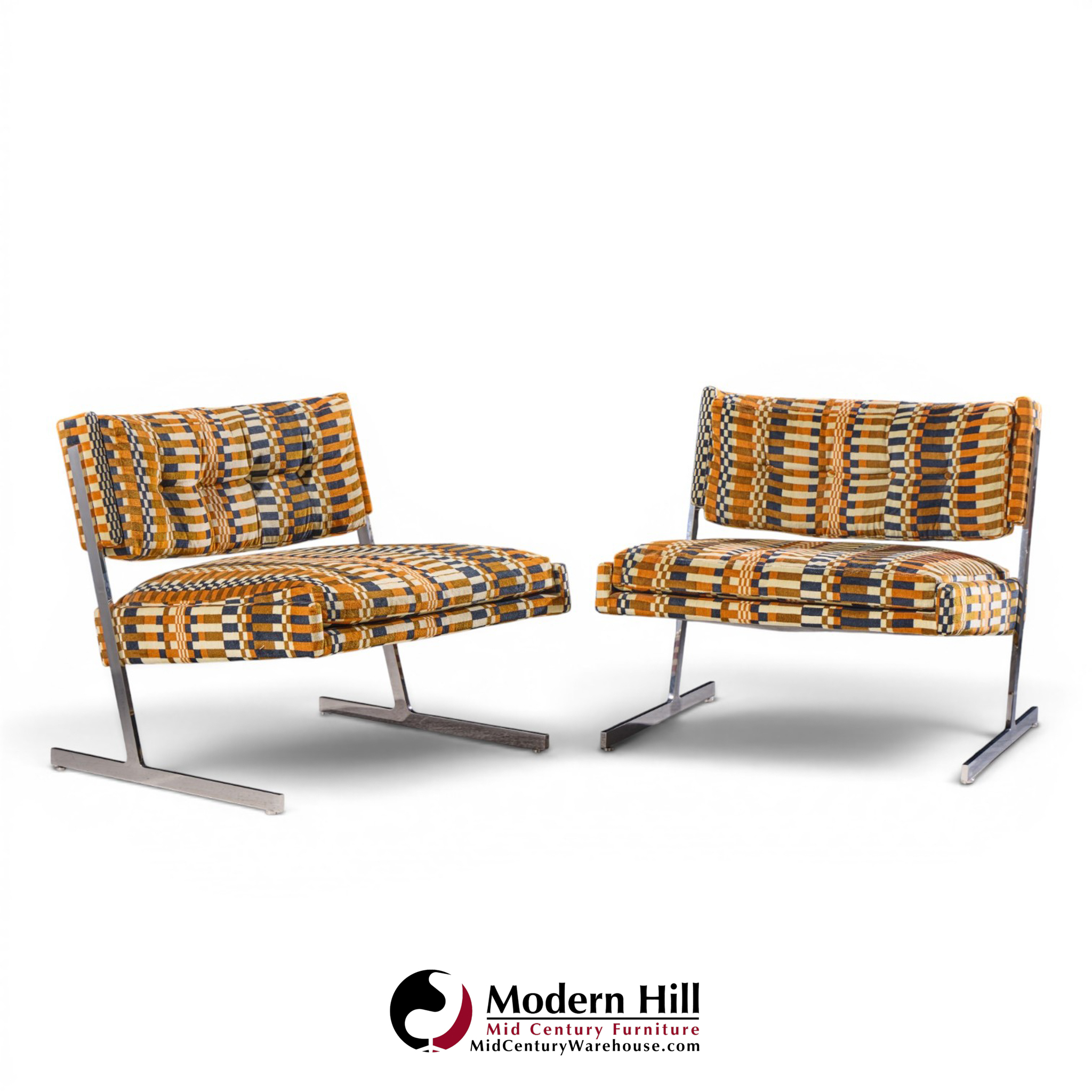 harvey probber mid century cantilevered chrome slipper lounge chairs - pair