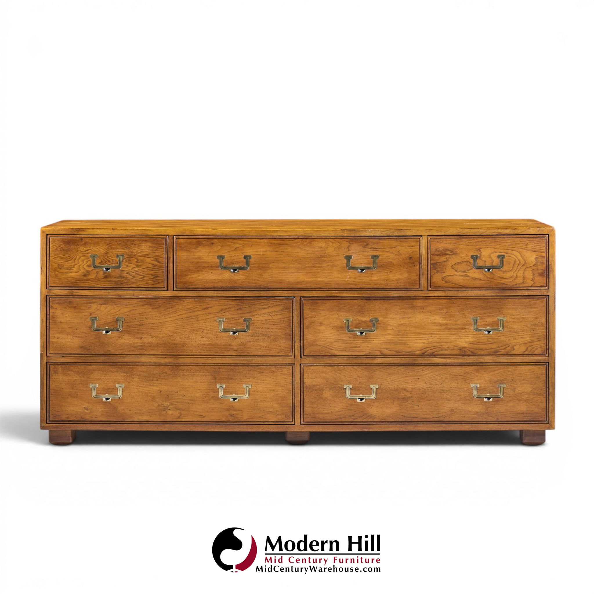 henredon campaign mid century oak and brass lowboy dresser