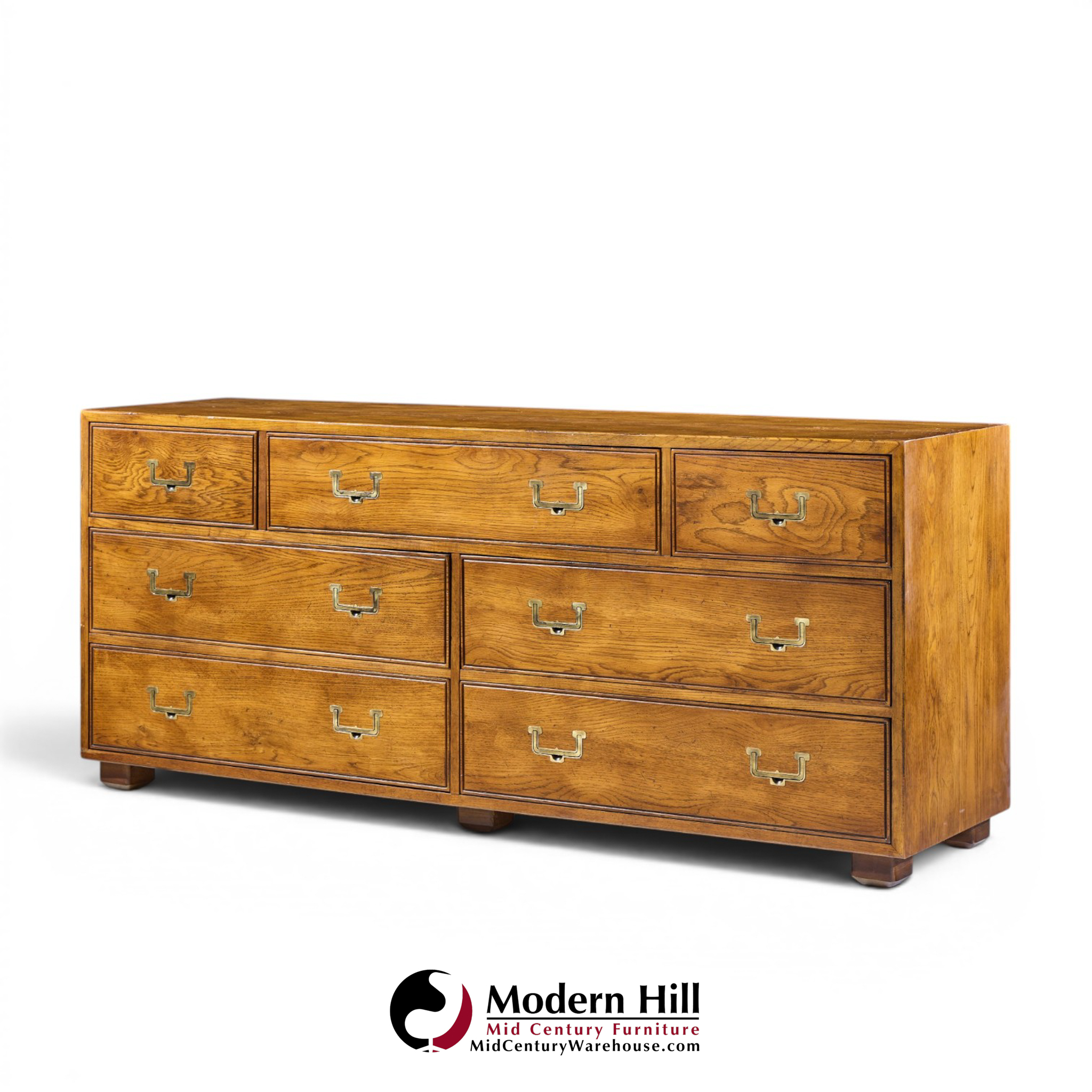 henredon campaign mid century oak and brass lowboy dresser