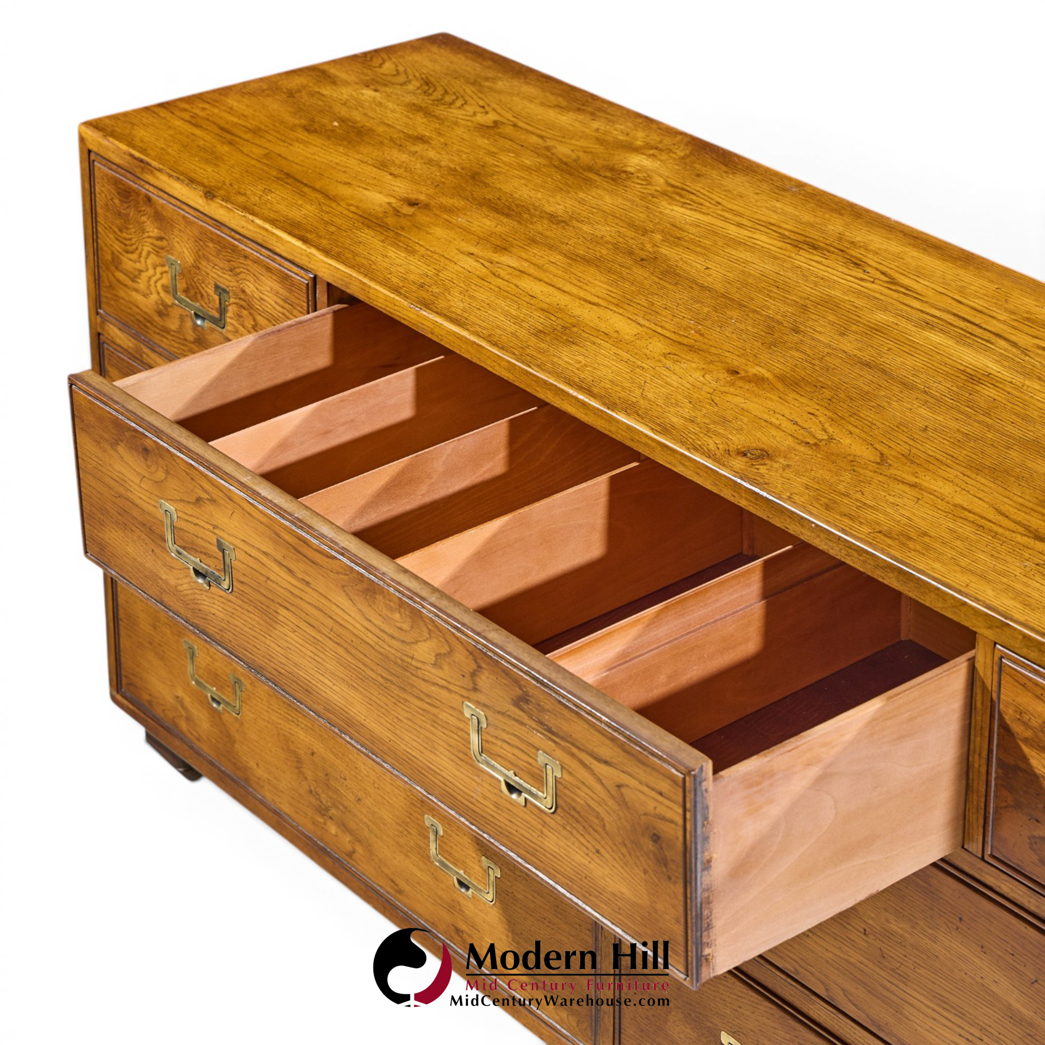 henredon campaign mid century oak and brass lowboy dresser