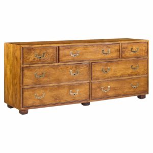 henredon campaign mid century oak and brass lowboy dresser