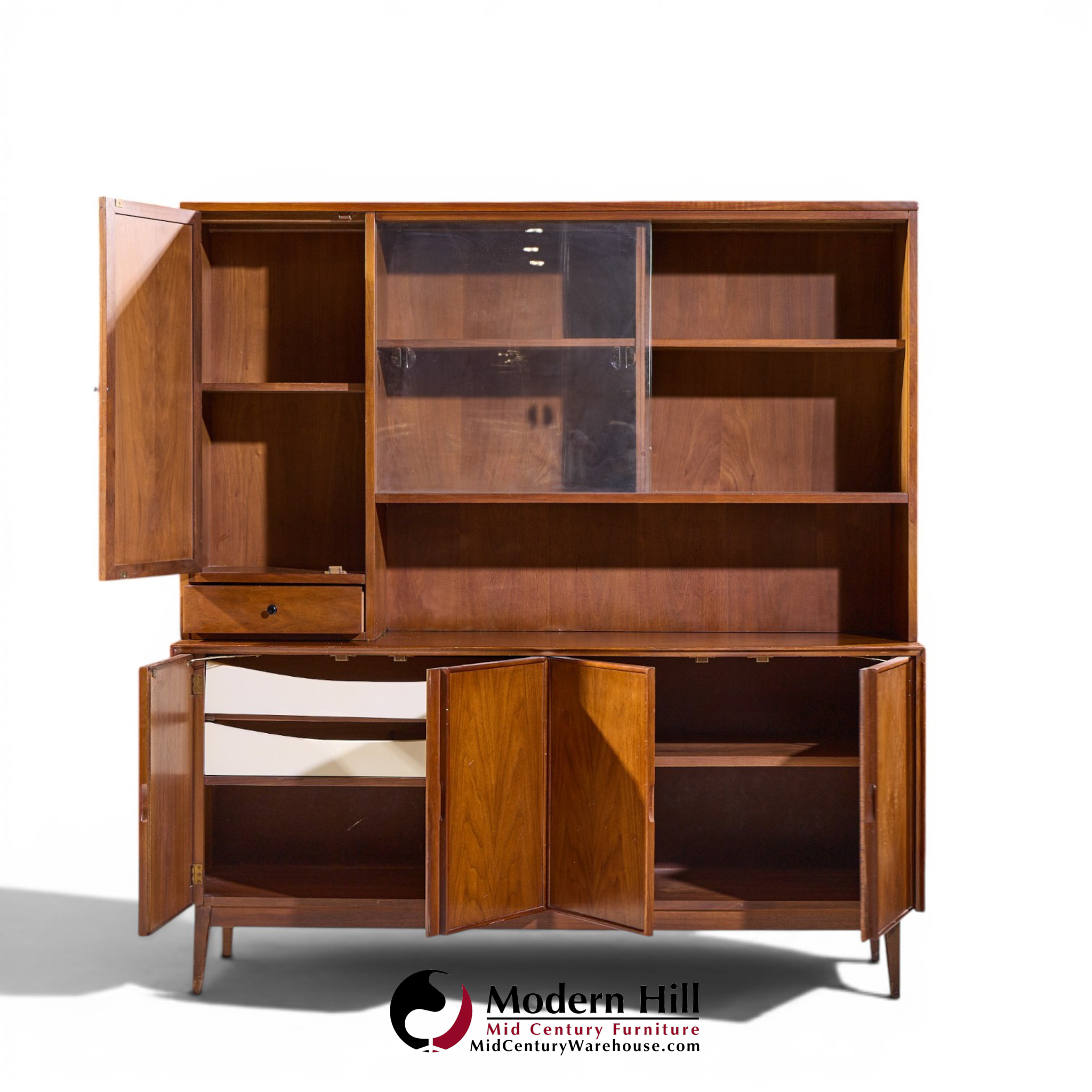merton gershun for american of martinsville mid century walnut and cane credenza and hutch