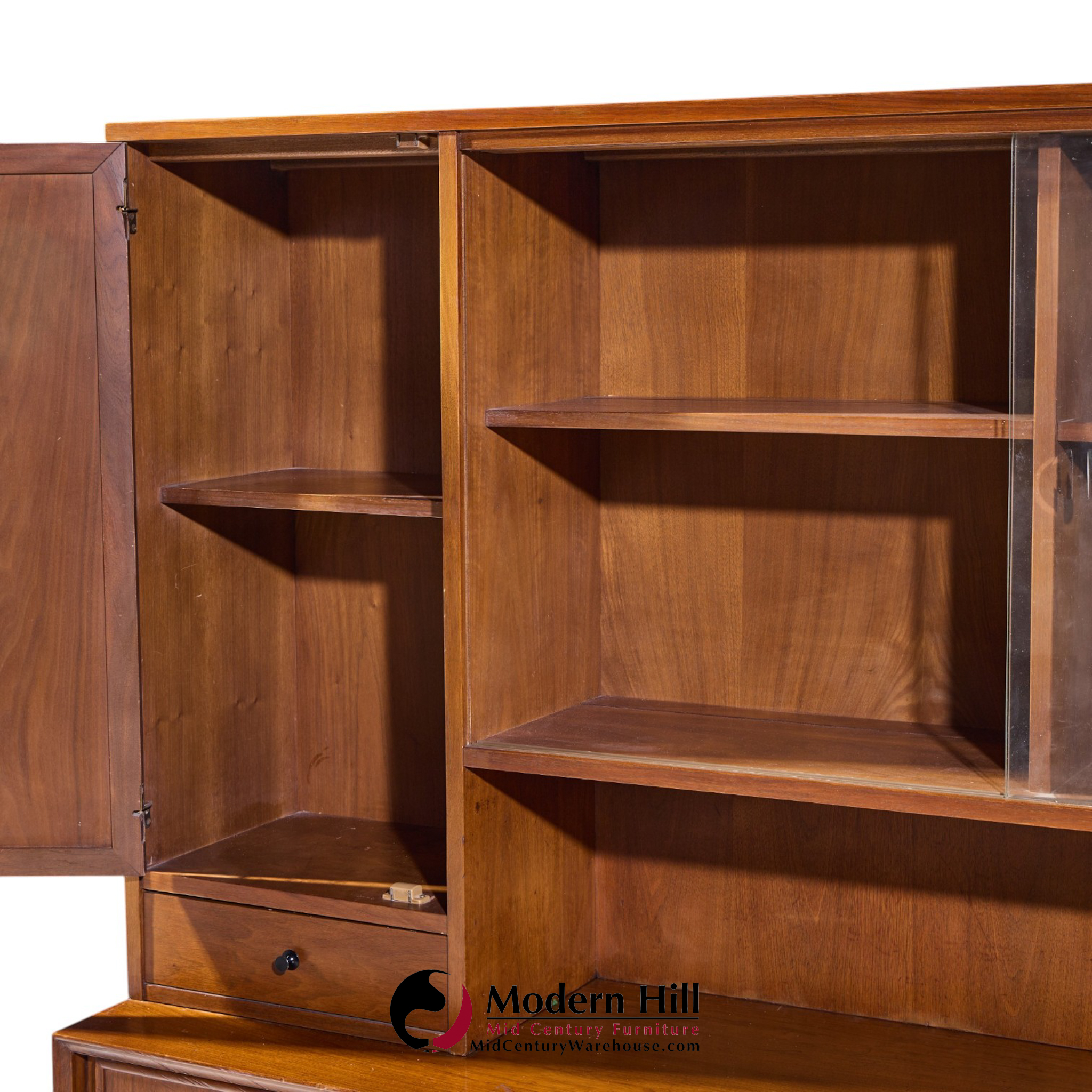 merton gershun for american of martinsville mid century walnut and cane credenza and hutch