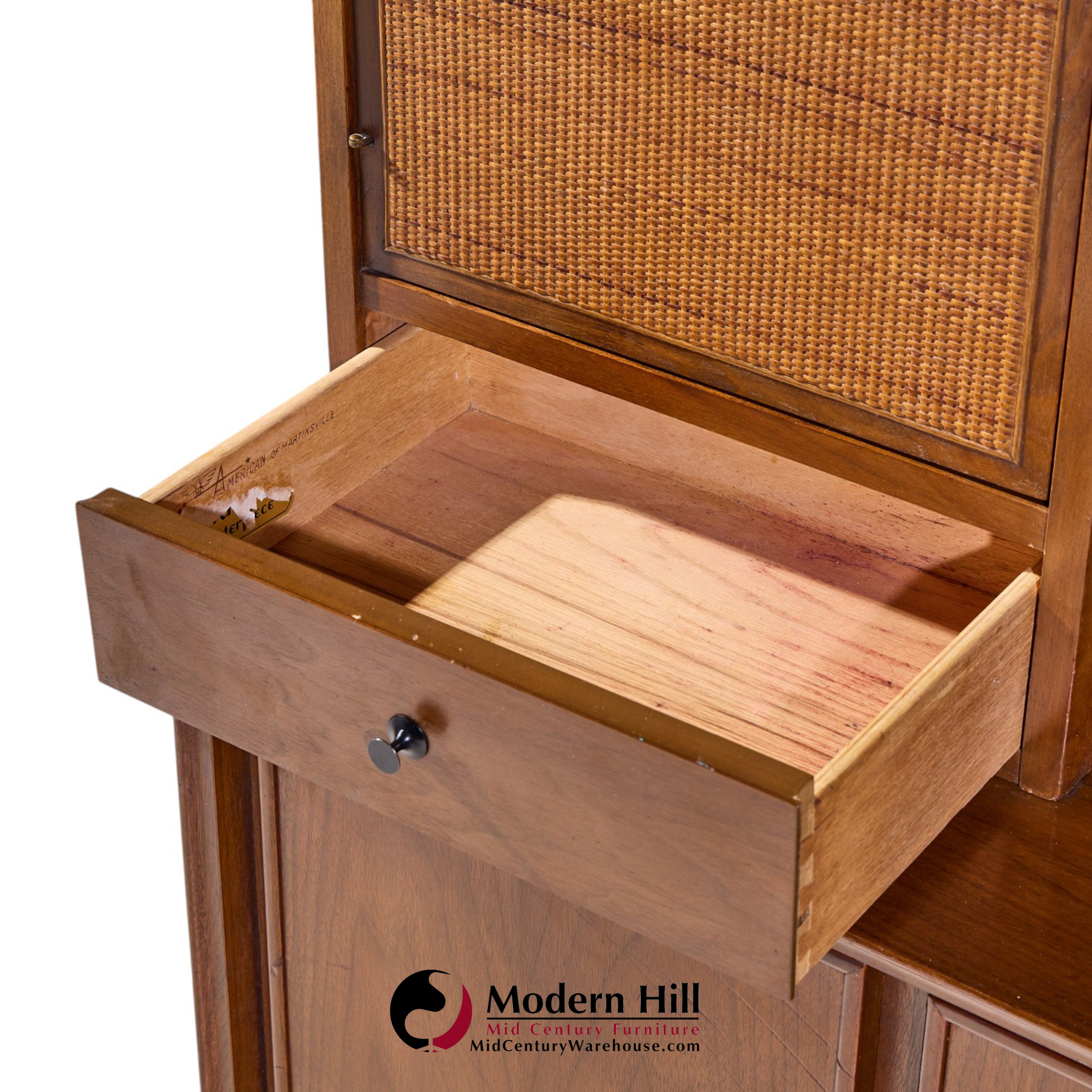 merton gershun for american of martinsville mid century walnut and cane credenza and hutch