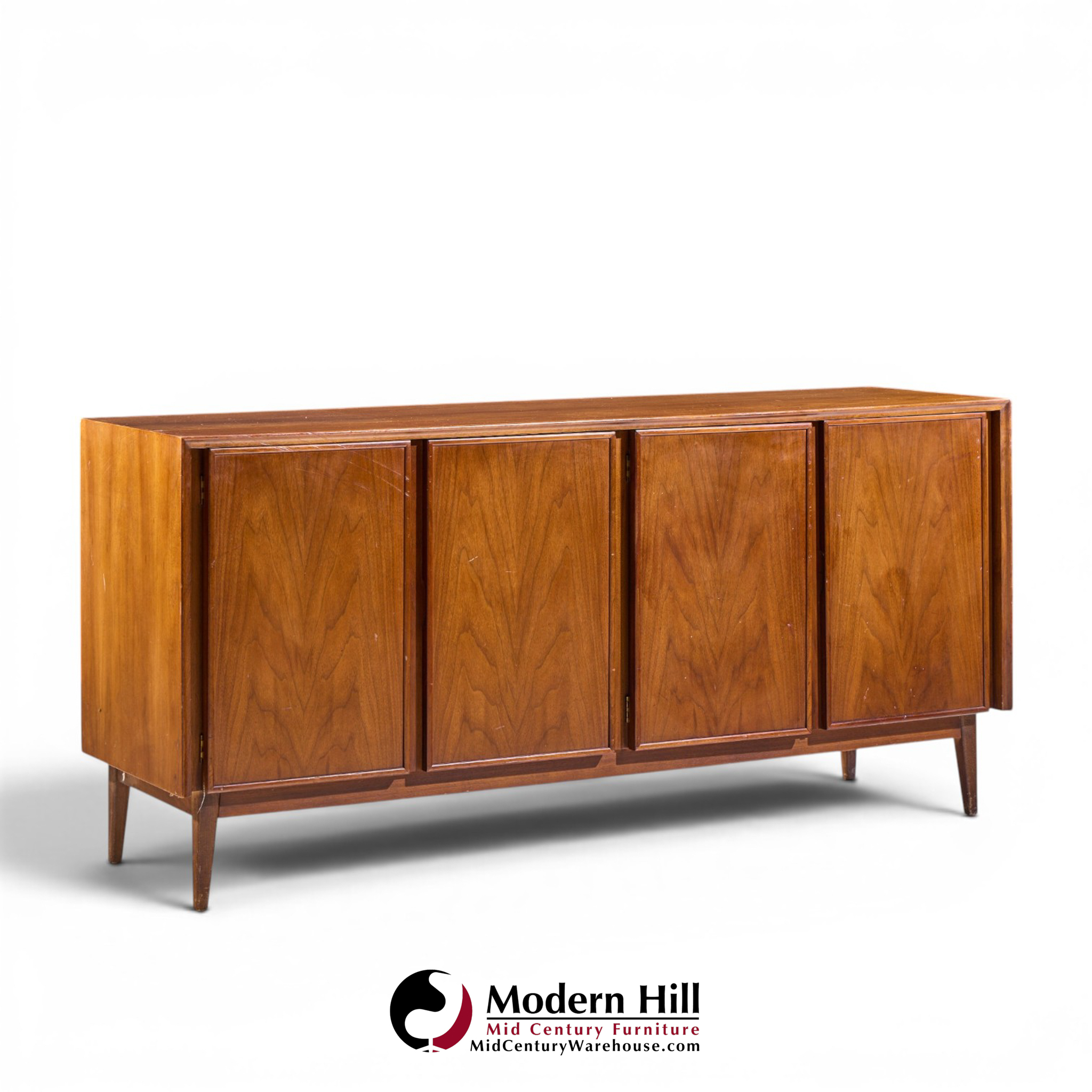 merton gershun for american of martinsville mid century walnut and cane credenza and hutch